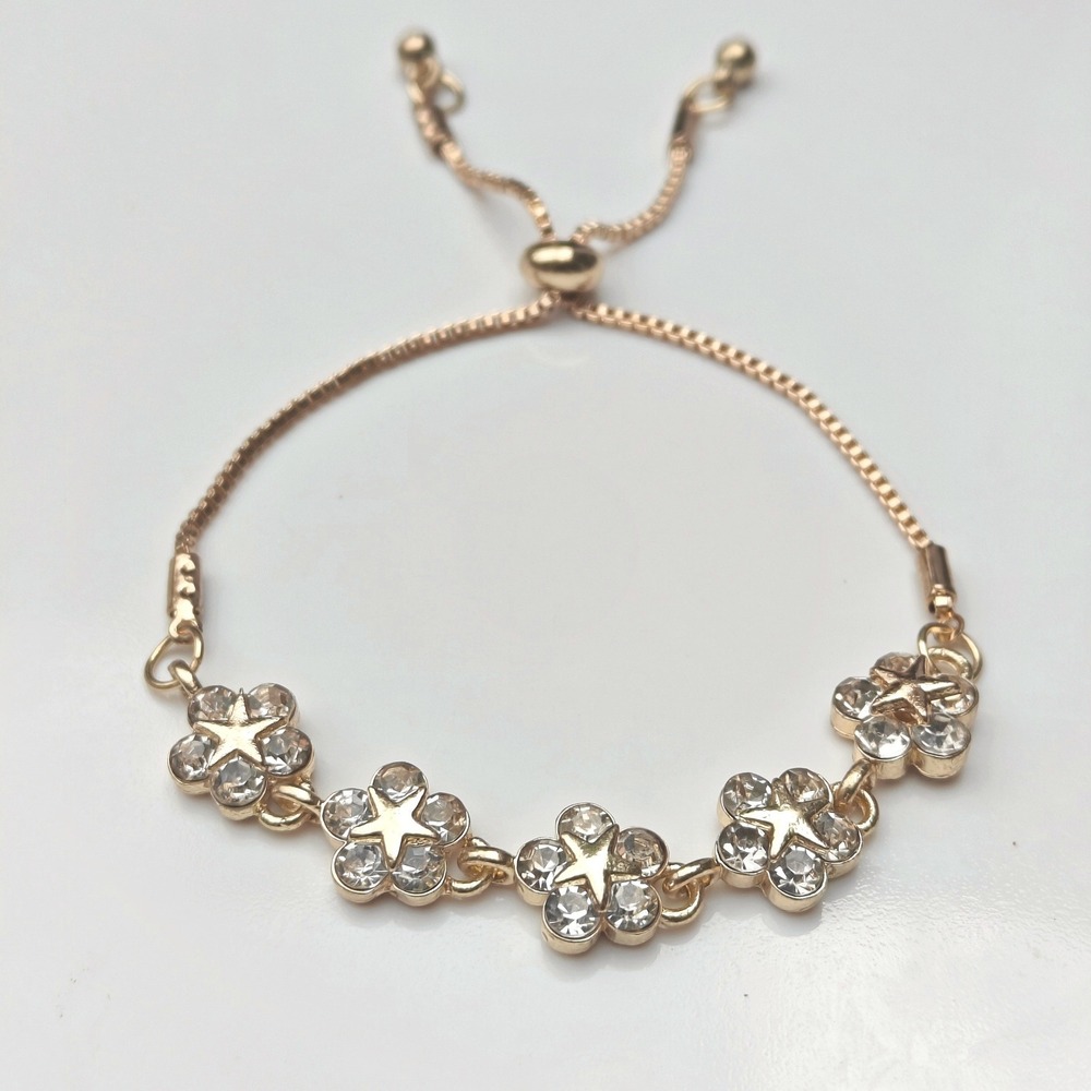 Gold Tone Crystal Flower Star Bolo Bracelet Adjustable Box Chain Celestial